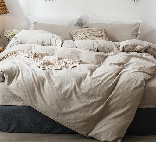 Bedding Duvet Cover Set 100% Washed Cotton Linen like Textured Breathable Durable Soft Comfy (Tannish Linen Grey, Queen)