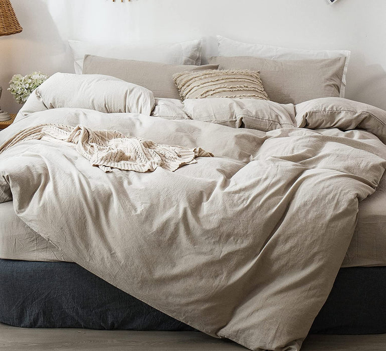 Bedding Duvet Cover Set 100% Washed Cotton Linen like Textured Breathable Durable Soft Comfy (Tannish Linen Grey, Queen)