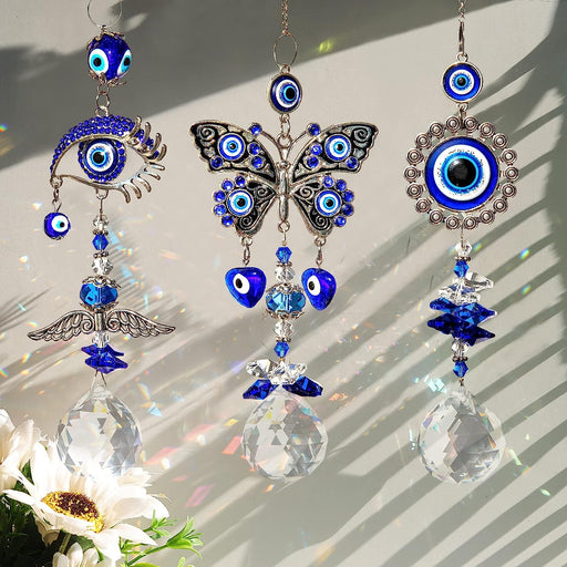 Sun Catchers, 3PCS Evil Eye Suncatcher for Window Hanging Crystal Ball Prisms Rainbow Maker Blue Eyes Pendant for Garden Car Home Indoor Outdoor Decor Charm Valentine'S Day Gift