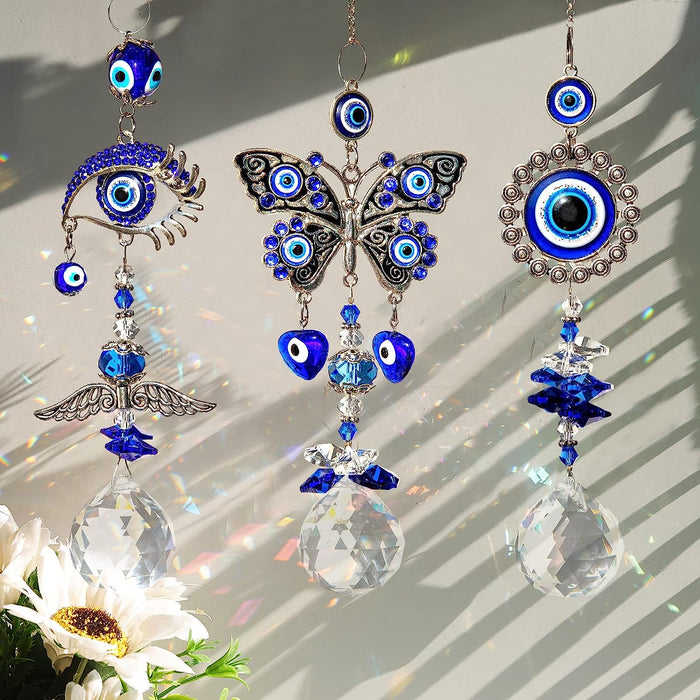 Sun Catchers, 3PCS Evil Eye Suncatcher for Window Hanging Crystal Ball Prisms Rainbow Maker Blue Eyes Pendant for Garden Car Home Indoor Outdoor Decor Charm Valentine'S Day Gift