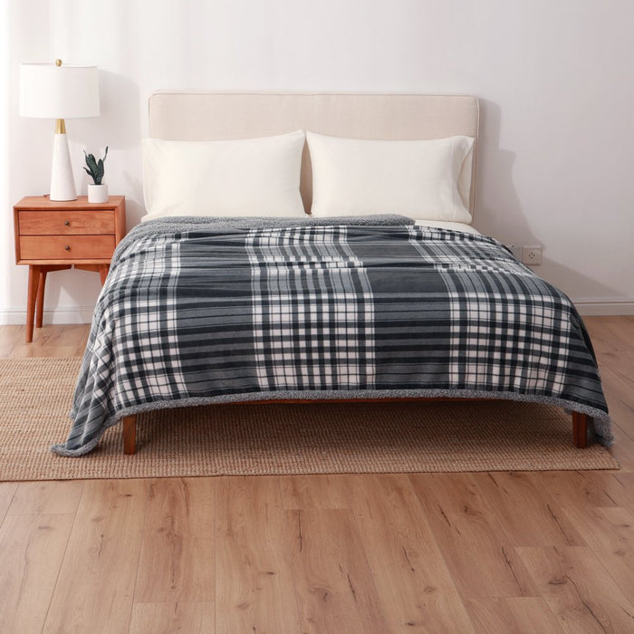 Berkshire Blanket Gray, White, Multi-Color Plaid Sherpa, Velvet Plush Reversible Bed Blanket Twin