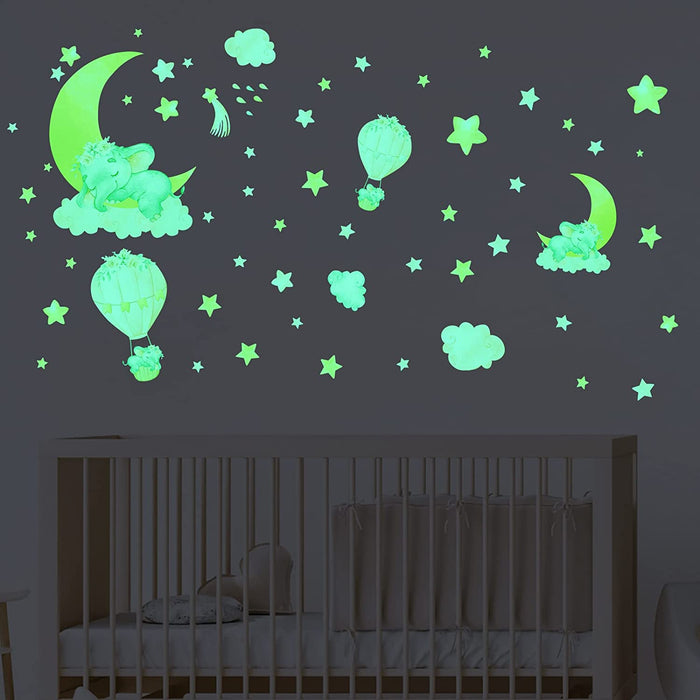 Glow in the Dark Elephant Wall Decals Stickers, Pink Moon Nursery Decor for Kids, Hot Air Balloon Star Crib Luminous Toddler Girls Home Decorations Bedroom Art