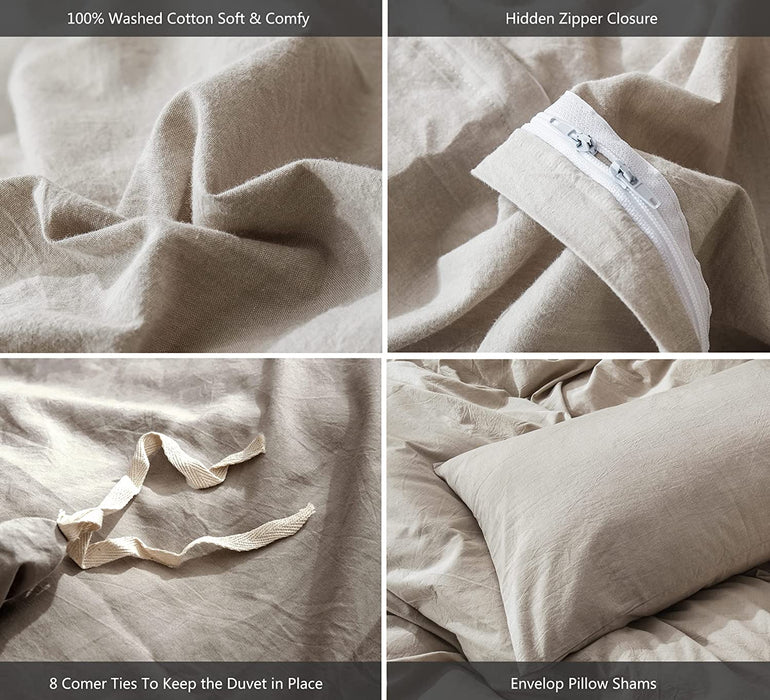 Bedding Duvet Cover Set 100% Washed Cotton Linen like Textured Breathable Durable Soft Comfy (Tannish Linen Grey, Queen)