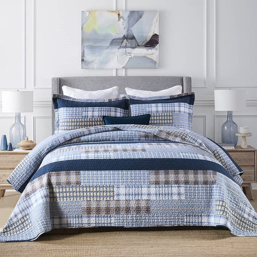 Quilt Queen Size 100% Cotton Queen Size Quilts Blue Beige White Bedspreads Plaid Quilts Lightweight Soft Breathable Bedding Sets for All Season, 3 Piece