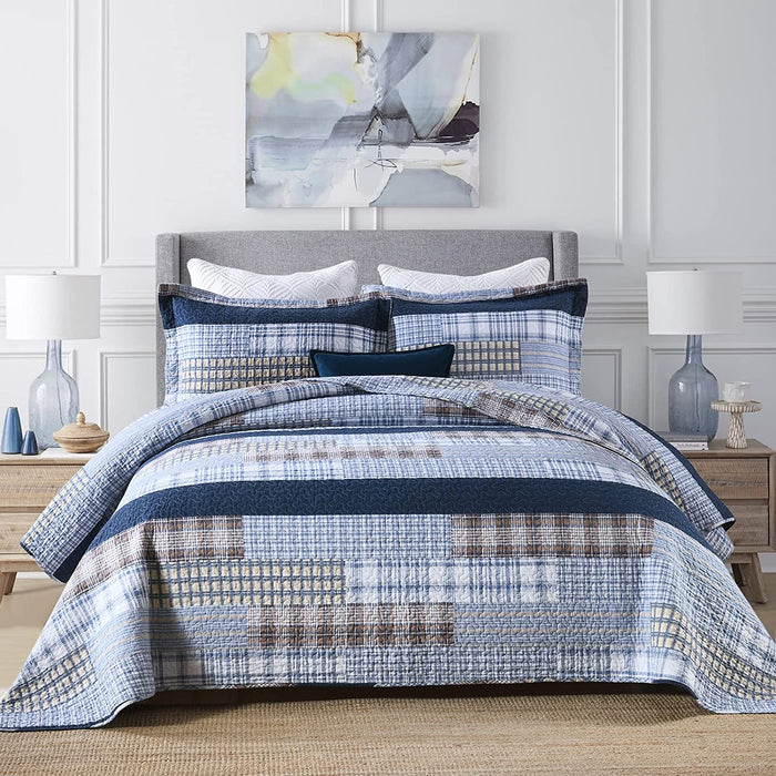 Quilt Queen Size 100% Cotton Queen Size Quilts Blue Beige White Bedspreads Plaid Quilts Lightweight Soft Breathable Bedding Sets for All Season, 3 Piece