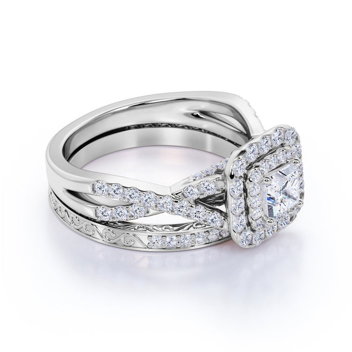1.25 Ct - Square Moissanite - Double Halo - Twisted Band - Vintage Inspired - Pave - Wedding Ring Set in 18K White Gold over Silver