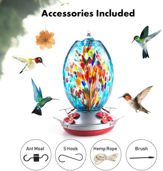 Hummingbird Feeder for Outdoors Hanging, Blown Glass Hummingbird Feeders, Unique Hummingbird Gifts for Women, Containing Ant Moat, 27 Ounces, Blue Fireworks