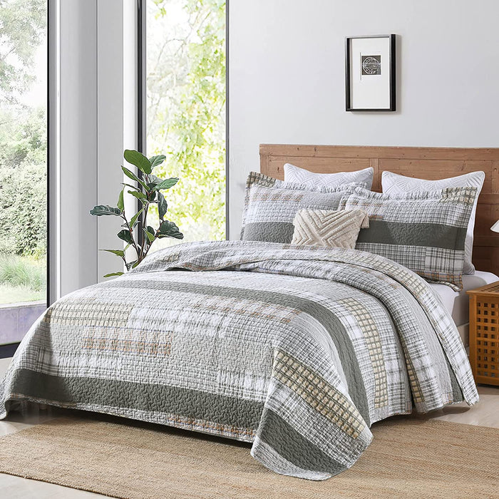 Quilt Queen Size 100% Cotton Queen Size Quilts Greyish Green White Bedspreads Plaid Quilts Lightweight Soft Breathable Bedding Sets for All Season, 3 Piece