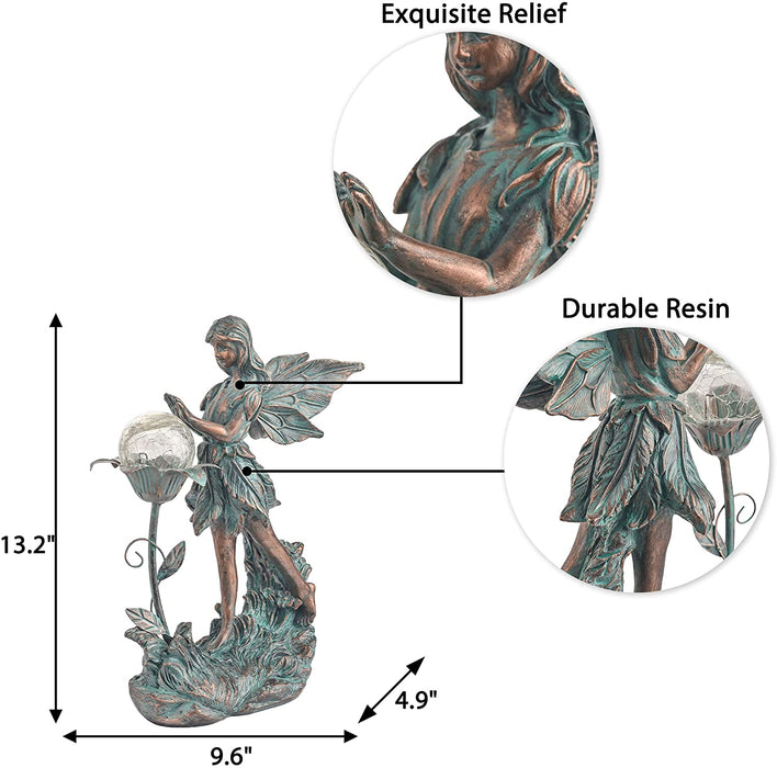 Large Garden Fairy Outdoor Statue, Solar Garden Sculptures & Statues with Crackle Glass Globe, Bronze Patina Garden Art for Lawn Patio Yard Decor 13.2 Inch