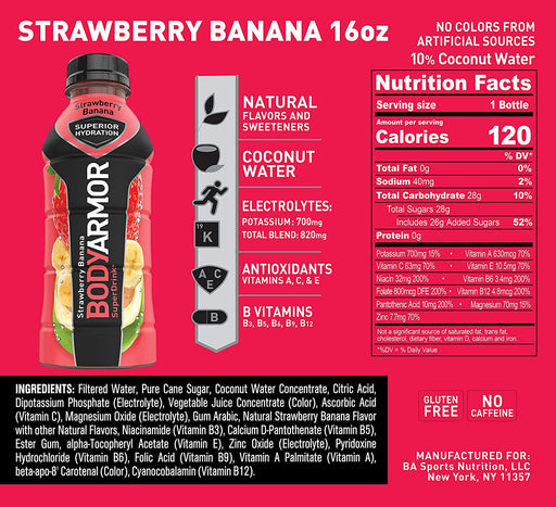 BODYARMOR Sports Drink Sports Beverage, Strawberry Banana, Natural Flavors with Vitamins, Potassium-Packed Electrolytes, Perfect for Athletes, 16 Fl Oz (Pack of 12)