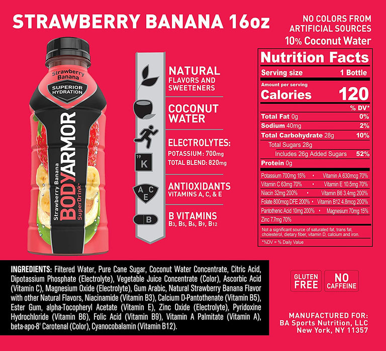 BODYARMOR Sports Drink Sports Beverage, Strawberry Banana, Natural Flavors with Vitamins, Potassium-Packed Electrolytes, Perfect for Athletes, 16 Fl Oz (Pack of 12)