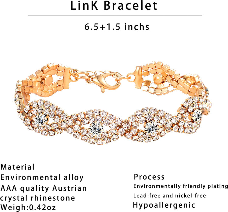 3/4 Pieces Women Jewelry Set Rhinestone Crystal Bride Statement Choker Necklace Tiara Crown Link Bangle Bracelet Teardrop Dangle Earrings Set for Wedding Party