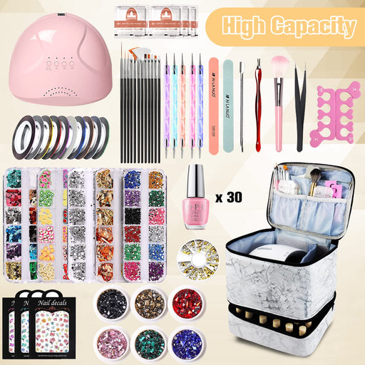 Nail Polish Organizer and Nail Dryer Case, Double-Layer Nail Polish Storage Holds 30 Bottles (15Ml/0.5 Fl.Oz) and 1 Led Nail Lamp, Travel Carrying Case for Nail Polish Kit Set (Marbling-White)