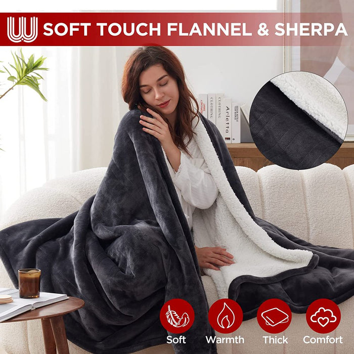 Warmrest Electric Throw Blanket Heated Blanket with 6 Heating Levels and 4 Hours Auto Shut Off, Flannel to Sherpa Super Cozy Heating Blanket, Machine Washable, 50" X 60", Charcoal