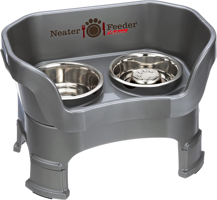 Neater Feeder Deluxe with Leg Extensions for Small Dogs - Mess Proof Pet Feeder with Stainless Steel Food & Water Bowls - Drip Proof, Non-Tip, and Non-Slip - Gunmetal Grey