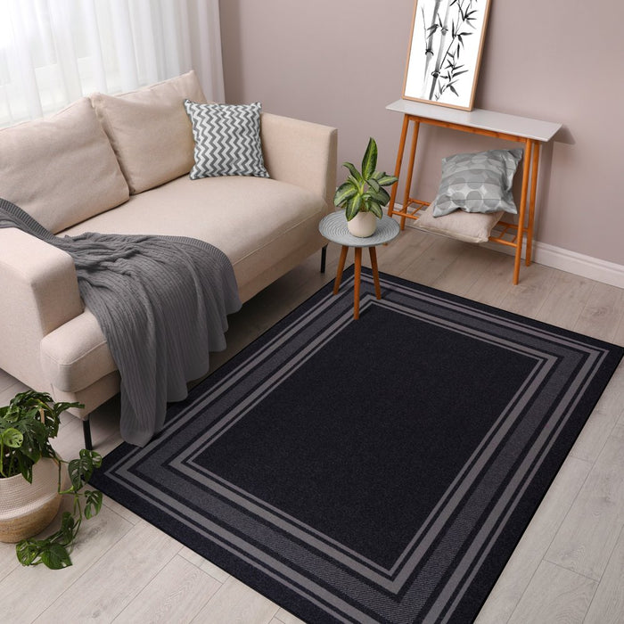 Indoor Bordered Area Rugs, Non Slip Rubber Backing Modern Living Room Area Rug, Black, 5'X7'