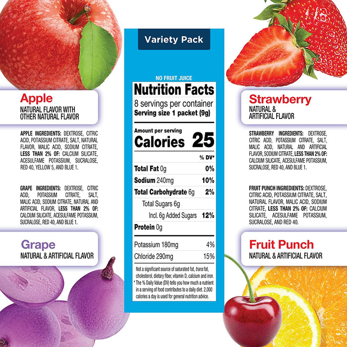 Amazon  Electrolyte Powder Variety Pack, Apple, Fruit Punch, Grape, Strawberry, Electrolyte Drink Mix, 8 Count