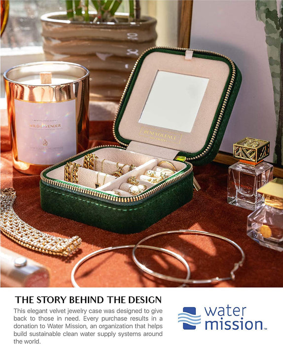 Plush Velvet Travel Jewelry Organizer Box | Travel Jewelry Case Small Jewelry Boxes for Women | Jewelry Travel Organizer, Jewelry Travel Case for Women | Earring Organizer with Mirror - Emerald Velvet