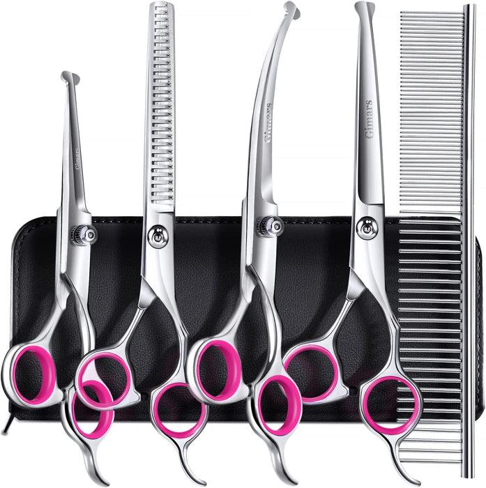 Professional 4CR Stainless Steel Safety round Tip 6 in 1 Dog Scissors for Grooming, Heavy Duty Titanium Coated Pet Grooming Scissor for Dogs, Cats and Other Animals