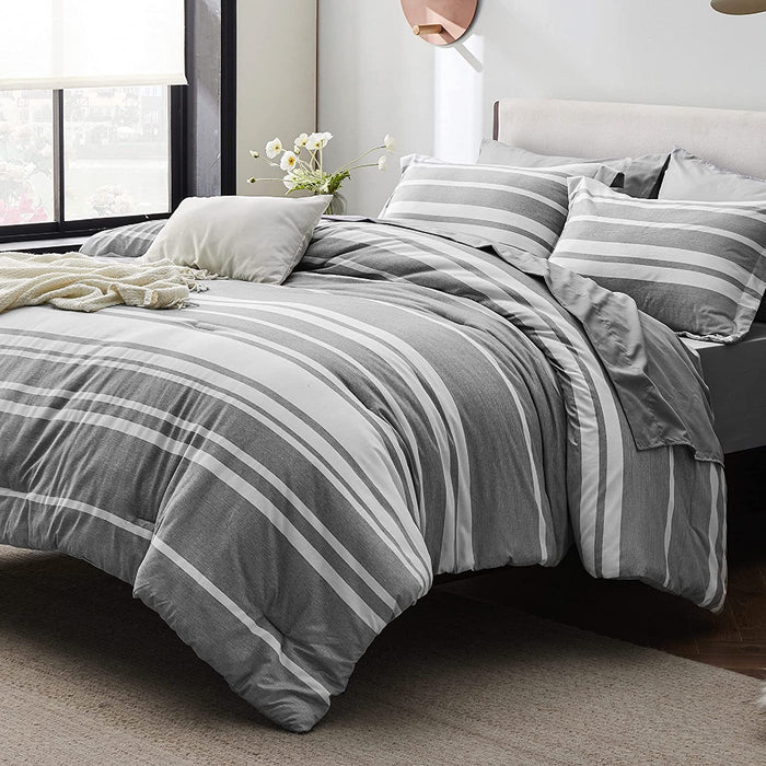 Bedsure Bed in a Bag Full Size 7-Piece Gray White Striped Bedding Comforter Sets All Season Bed Set, 2 Pillow Shams, Flat Sheet, Fitted Sheet and 2 Pillowcases