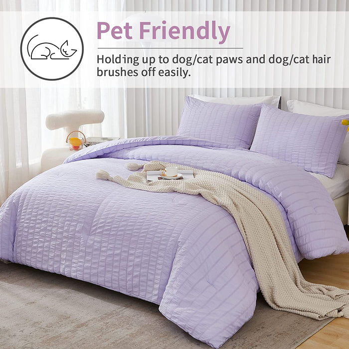 Lavender Purple Seersucker Queen Comforter Set(90X90 Inches),3 Pieces-100% Soft Washed Microfiber Lightweight Comforter with 2 Pillowcases, All Season down Alternative Comforter Set for Bedding