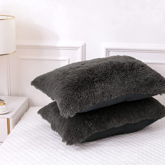 Plush Fluffy Duvet Cover Oeko-Tex Certified Luxury Ultra Soft Shaggy Crystal Velvet Bedding Set 3 Pieces(1 Duvet Cover + 2 Pillow Shams) Zipper Closure(Queen, Dark Gray)