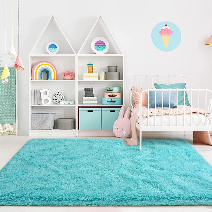 Ultra Soft Fluffy Area Rug for Bedroom Living Room Home Decor, Plush Shaggy Rug for Playroom Dorm Room, Upgraded Furry Rugs for Teen Girls Kids Room Decor, Nursery Rug, 4X6 Feet Teal Blue