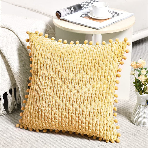 Set of 2 Yellow Decorative Throw Pillow Covers 20X20 Inch with Pom-Poms for Couch Bed Sofa, Modern Farmhouse Boho Spring Home Decor, Soft Plush Corduroy Cute Cushion Case 50X50 Cm