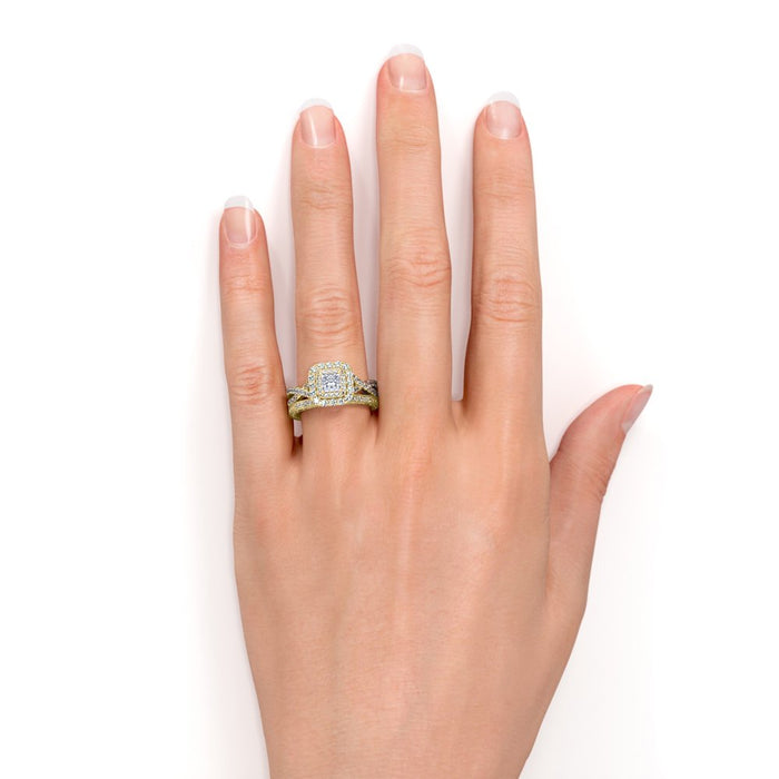 1.25 Ct - Square Moissanite - Double Halo - Twisted Band - Vintage Inspired - Pave - Wedding Ring Set in 18K Yellow Gold over Silver