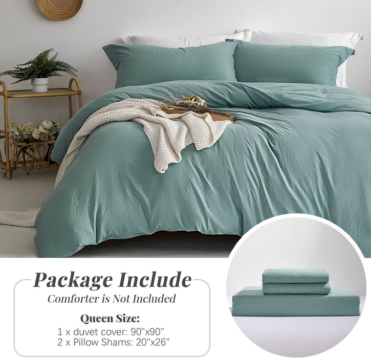 Duvet Cover Queen Size - Super Soft Green Blue Duvet Cover Set 3 Piece 100% Washed Microfiber Comforter Cover Set Bedding Set with Zipper Closure, 1 Duvet Cover 90X90 and 2 Pillow Shams