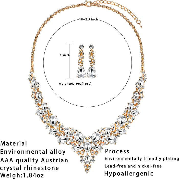 3/4 Pieces Women Jewelry Set Rhinestone Crystal Bride Statement Choker Necklace Tiara Crown Link Bangle Bracelet Teardrop Dangle Earrings Set for Wedding Party