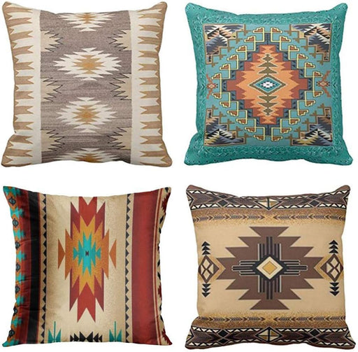 Set of 4 Throw Pillow Covers Tribal Western Geometric Colorful Nature Color Patterns Sw Turq Orange Decorative Pillow Cases Home Decor Square 18X18 Inches Pillowcases