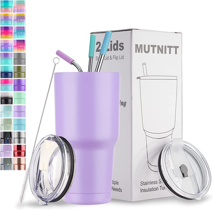 30 Oz Tumbler with Lids and Straws,18/8 Stainless Steel Vacuum Insulated Coffee Tumbler,Insulated Travel Mug Water Cup with Leak-Proof Straw Lid & Flip Lid,3 Metal Straws,1 Cleaning Brush & Gift Box