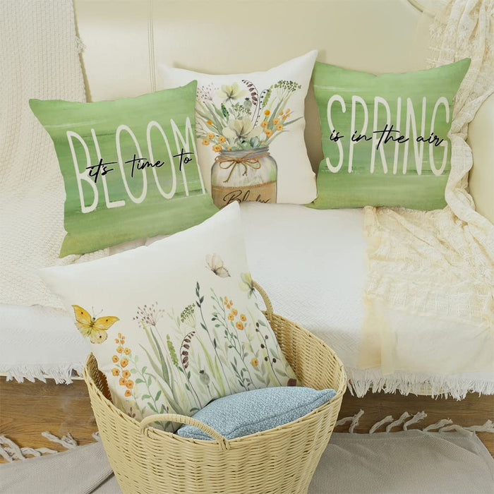 Pillow Covers 18X18 Set of 4 Flowers Mason Jar Leaves Butterfly Spring Pillows Decorative Throw Pillows Green Pillowcase Summer Decorations Farmhouse Decor for Couch Sofa