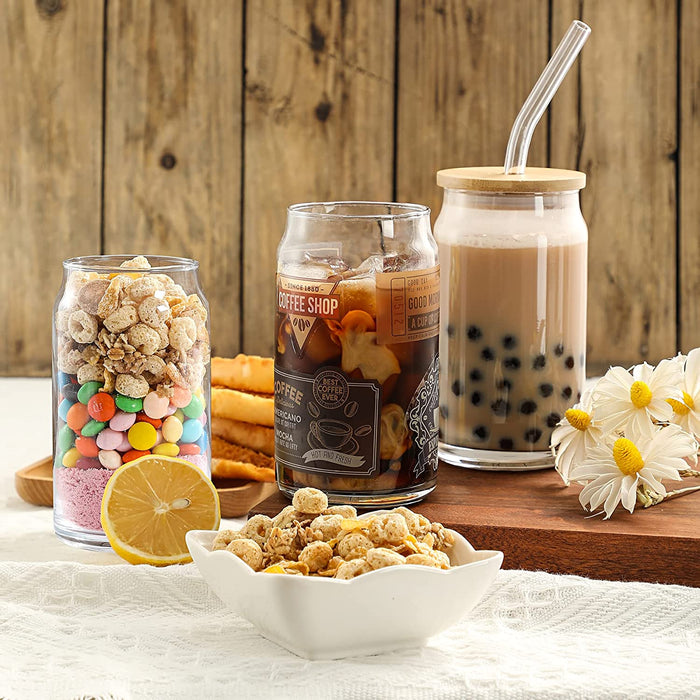 [ 6Pcs Set ] Glass Cups with Bamboo Lids and Glass Straw - Beer Can Shaped Drinking Glasses, 16 Oz Iced Coffee Glasses, Cute Tumbler Cup for Smoothie, Boba Tea, Whiskey, Water - 2 Cleaning Brushes