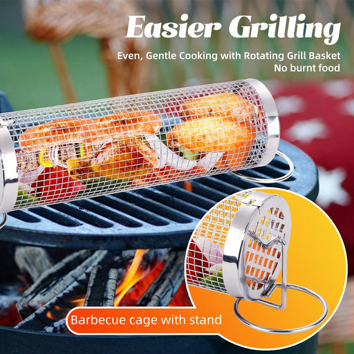 Rolling Grill Baskets for Outdoor Grilling : 2 Pcs Stainless Steel Grill Mesh, Rolling Grill Baskets for Outdoor Grill, Portable Grill Nets Cylinder for Shrimp, Meat Barbecue Camping Picnic with Forks