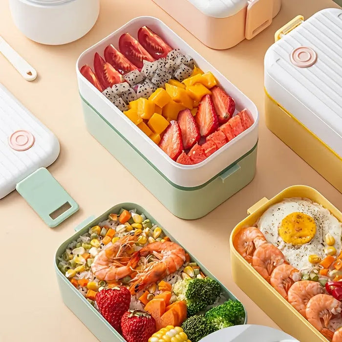 1 Pack Portable Hermetic Lunch Box 2 Layer Grid Student Bento Box with Fork Spoon Leakproof Microwavable Oven Multi Lunch Box