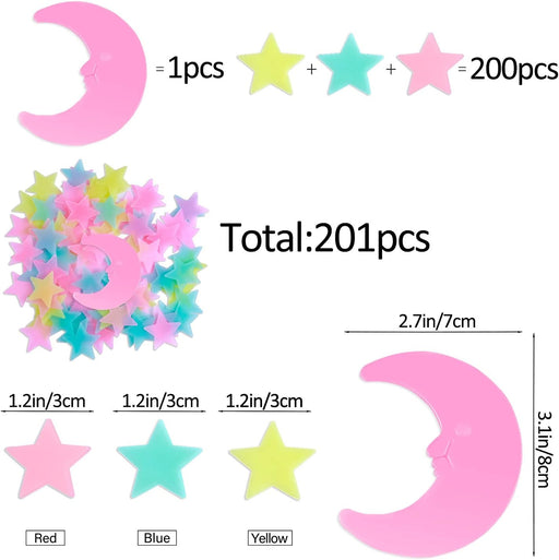 200 Pcs Glow in the Dark Luminous Colorful Stars and Pink Moon Fluorescent Noctilucent Plastic Wall Stickers Murals Decals for Home Art Decor Ceiling Wall Decorate Kids Babys Bedroom Room Decorations
