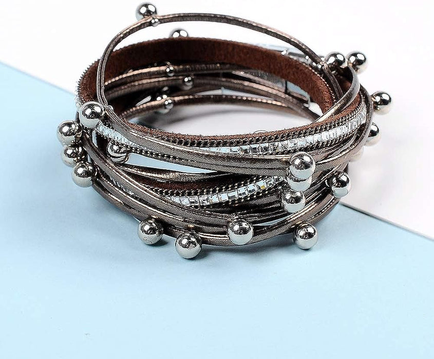 Leather Wrap Bracelet for Women - Handmade Clasp Bangle Bracelet with Pearl Beads Crystal Wristbands Jewelry Gift for Ladies and Mother