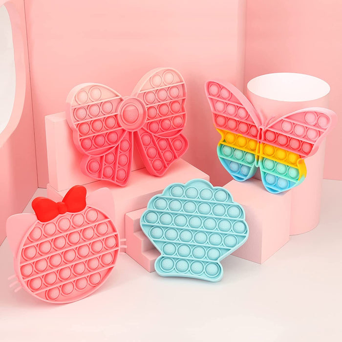 Girls Push Bubble Fidget Toys 4 Packs with Pop Sound, Pastel Rainbow Butterfly Pink Cute Kitten Cat Bow Blue Seashell Popper Autism Sensory Stress Reliever Toys for Toddlers Kids Car Travel