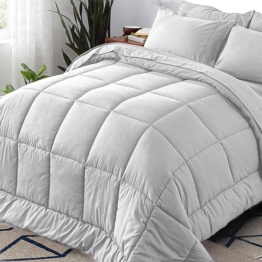 Full Size 7 Pieces Bed in a Bag Bedding Set - Lightweight Light Grey Comforter Set, All Season Ultra Soft down Alternative Bedding Comforter Set with Comforter, Pillowcase, Flat Sheet, Fitted Sheet