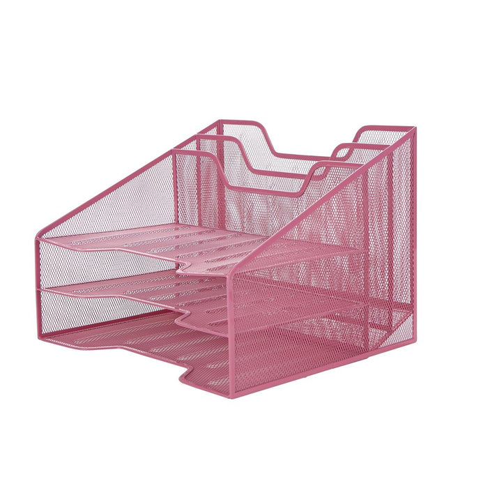 Mind Reader 3-Tier Mesh Desk File Organizer Tray with 5 Compartments, Pink