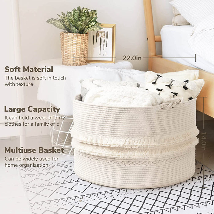 Large White Woven Storage Basket, Boho Decorative Basket for Home Decor, Towel Basket for Bathroom, Bedroom, Living Room, Baby Nursery Basket for Clothes, Toys, Blankets, 22 X 14 Inches