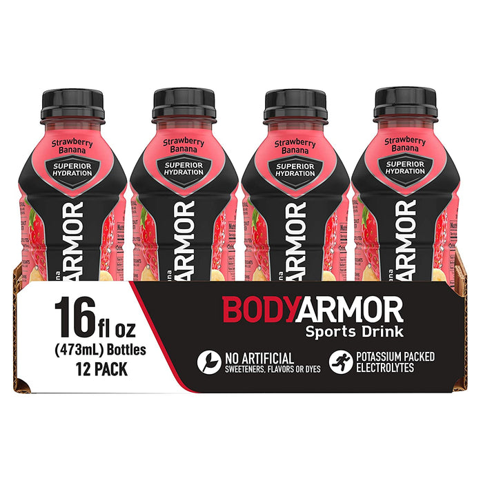 BODYARMOR Sports Drink Sports Beverage, Strawberry Banana, Natural Flavors with Vitamins, Potassium-Packed Electrolytes, Perfect for Athletes, 16 Fl Oz (Pack of 12)