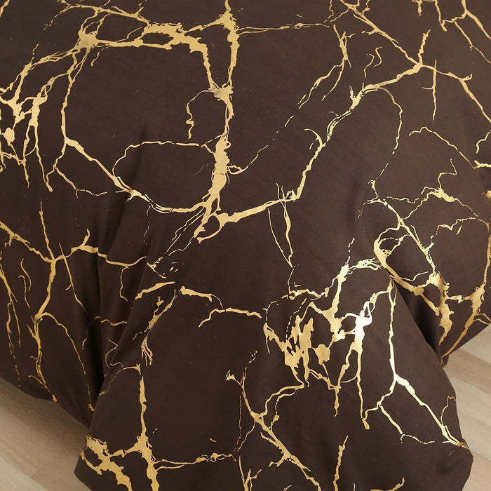 Gold Metallic Marble Comforter Set Queen Size Foil Print Glitter Bedding Sets,Coffee/Gold,Queen
