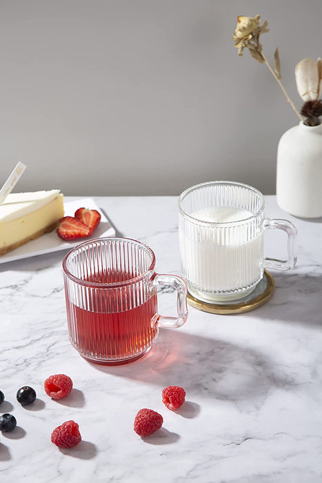 [6 PACK, 12 OZ] DESIGN•MASTER Premium Glass Coffee Mugs with Handle, Classic Vertical Stripes Tea Cup,Transparent Tea Glasses for Hot/Cold Beverages, Perfect Design for Americano, Cappuccino, Latte.