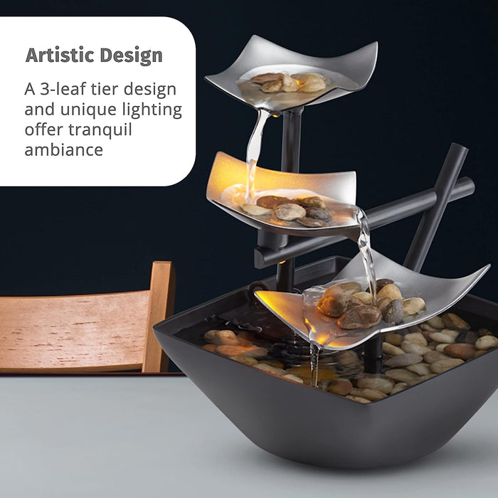 Indoor 3-Tier Relaxation Tabletop Fountain, Automatic Pump with Power Switch, Extra Deep Basin with Natural River Rocks and Reflective Lighting Feature, Envirascape Silver Springs