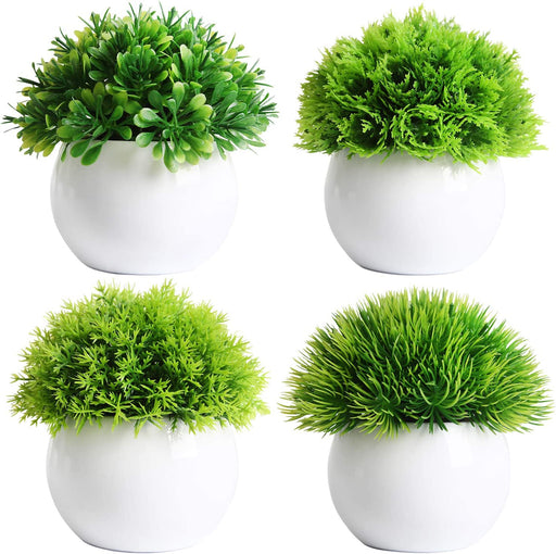 4 Pcs Mini Artificial Plants Potted Small Fake Plants for Shelf Green Plant in White Plastic Pot for Home Bathroom Decor Faux Plants (White, Set of 4)