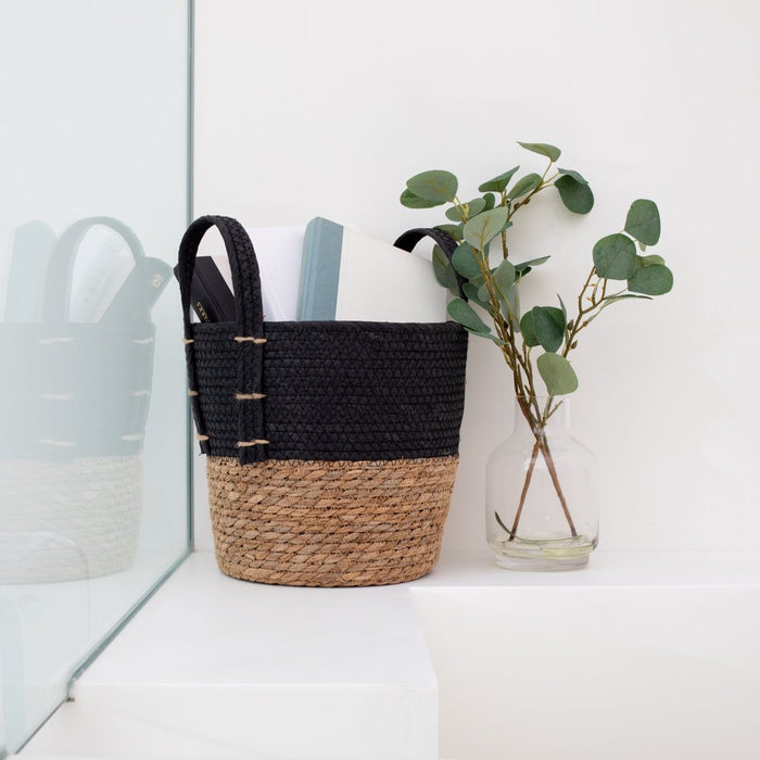 Set of 2 Natural round Storage Basket, Braided Seagrass & Paper Rope (MD+SM), Natural & Black