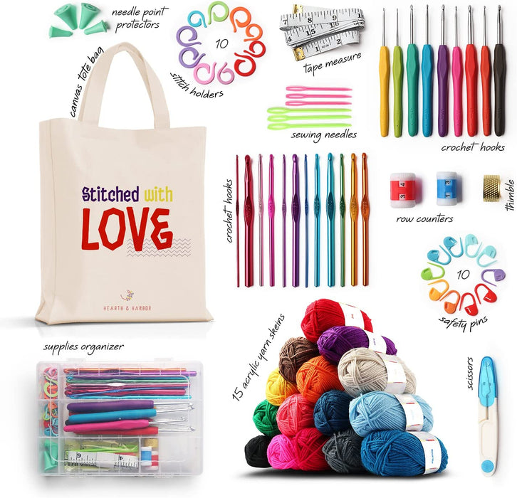 73 Piece Crochet Kit with Crochet Hooks Yarn Set - Premium Bundle Includes Yarn Balls, Needles, Accessories Kit, Canvas Tote Bag and Lot More - Starter Pack for Kids Adults – Beginner, Professionals.